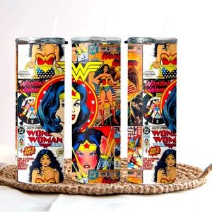 Wonder Woman inspired stainless steel tumbler with lid and straw.